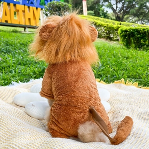 Plush lion costume for dogs and cats with thick faux mane and tail in bright brown