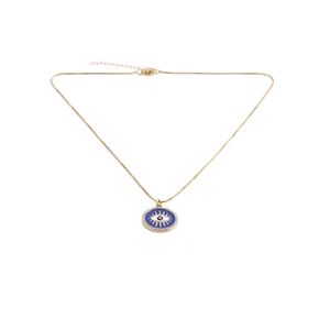Detail view of gold box chain necklace with blue enamel evil eye pendant and clasp