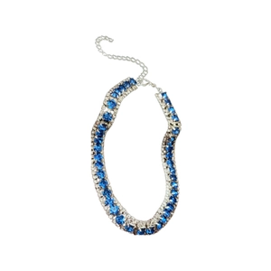 Luxurious silver necklace with double-row blue rhinestones and adjustable lobster clasp