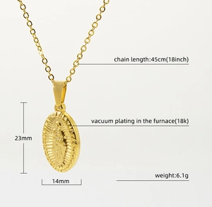 Detailed view of gold plated Virgin Mary pendant with dimensions and weight info