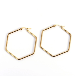 Minimalist gold stainless steel hexagonal geometric hoop earrings for women on white background