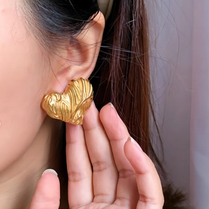 Textured 18k gold plated heart hoop earrings with fluid metal wrinkle finish for women
