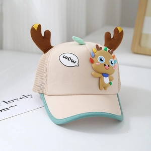 Detail of toddler mesh baseball cap with cute deer antlers and 3D sprout decorations