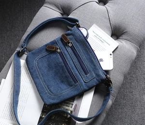 Detail of dark blue denim crossbody bag with multiple zippers and contrast yellow stitching