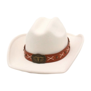 Ethnic western style cream fedora hat with brown leather band and bull skull emblem