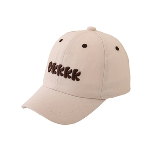Kids baseball cap in beige with brown OKKKK embroidery and breathable air holes