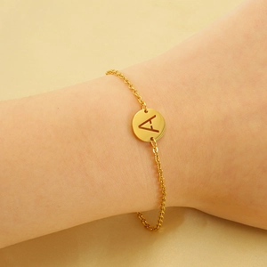 Alphabet Initial Letter Pendant Bracelet 18K Gold Plated Stainless Steel Hollow Round Disc Adjustable Chain For Women