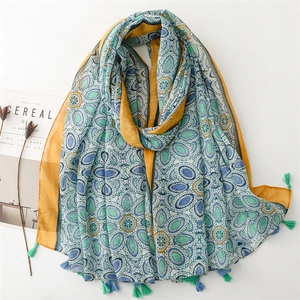 Bohemian Ethnic Mandala Print Scarf Shawl Polyester Voile Tassels Summer Sunscreen Beach Travel Wrap Women