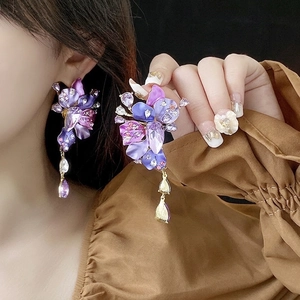 Elegant purple flower drop earrings with crystals and water-drop gemstone pendants