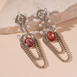 Vintage silver tassel earrings with pearls, rhinestones and red oval gemstones