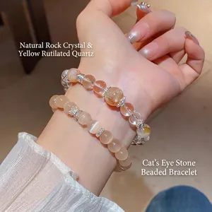 Bracelet en cristal blanc naturel et quartz tour jaune avec perles intercalaires en métal