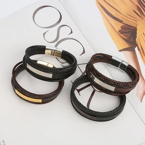 Men's double-layered braided leather bracelets with stainless steel clasps in black and brown