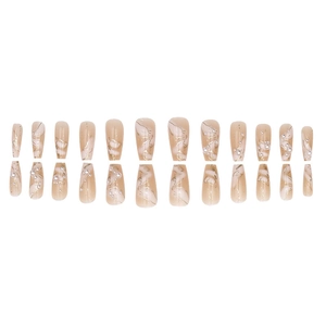 Faux ongles cercueil longs avec texture marbre nude, lignes dorées et perles 3D, lot de 24