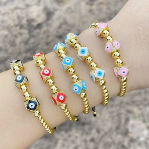 Evil Eye Bracelet Gold Plated Copper Cubic Zirconia Enamel Square Charms Adjustable Beaded Bohemian Lucky Jewelry Women