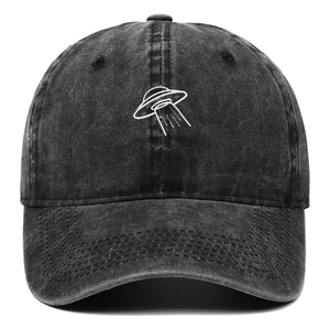 Washed Cotton Baseball Cap Vintage Distressed UFO Embroidery Curved Brim Hat Retro Streetwear For Men Women Adjustable