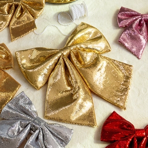 Large Christmas Bowknot Sparkling Sequin Fabric Decorative Bow For Christmas Tree Ornaments Party Hanging Decor Shiny