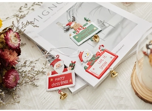 Detailed view of metal Christmas pendants featuring Santa, snowman, deer, and bells