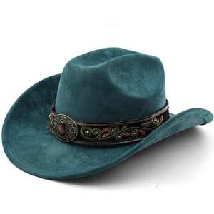 Detail of teal western cowboy hat with embroidered floral band and bronze buckle