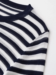 Detail of the crew neck and shoulder seams on the navy blue striped knitted sweater