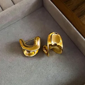 C Shape Irregular Twisted Stud Earrings With 925 Sterling Silver Earring Post Gold Plated Minimalist High End Fashion For Women