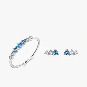 925 Sterling Silver Jewelry Set Blue White Zirconia Thin Ring Stud Earrings Simple Niche Elegant For Women