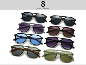 Showcase of eight color options for retro square double-bridge sunglasses on white background