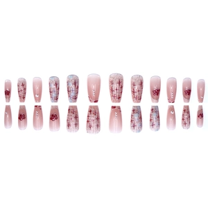 Sweet pink coffin press-on nails set with pearls and hand-painted floral patterns