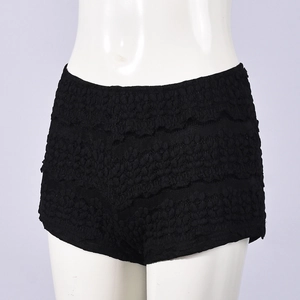 Detailansicht der schwarzen Damen-Shorts mit Rüschenstruktur am Mannequin für figurbetonte Passform