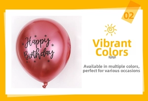 Detail of red chrome metallic balloon with black Happy Birthday print and stars