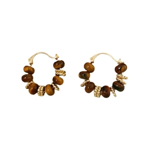 Gold-plated hoop earrings featuring vintage brown tiger eye stone beads and twisted metal