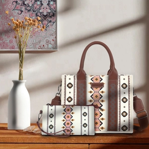Bohemian tote bag set with geometric print and matching wristlet in vintage style