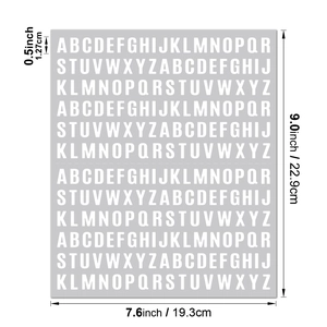 Detail showing 1 and 2 inch alphabet stickers size chart with precise metric measurements