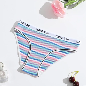 Striped cotton low-rise panties for women with I LOVE YOU waistband and ribbed texture