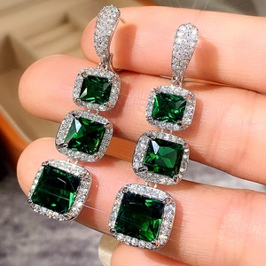 Elegant emerald green square zircon drop earrings with shimmering micro-pave crystals