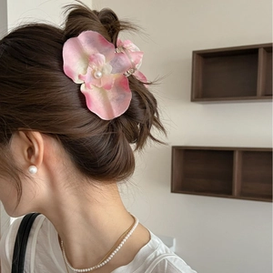 Phalaenopsis Orchid Flower Hair Claw Clip Fabric Floral Design With Artificial Pearl Elegant Korean Style Accessories For Women