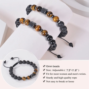 Men's 10mm tiger eye and lava stone beaded bracelet with adjustable cord and size guide
