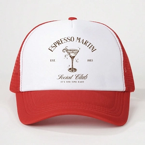 Detail of red and white Espresso Martini trucker hat with mesh back and retro print