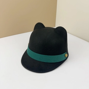 Kids' black wool equestrian hat with cute cat ears and decorative green band detail