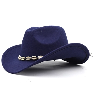 Classic dark blue wool felt jazz fedora with decorative shell band and curled brim