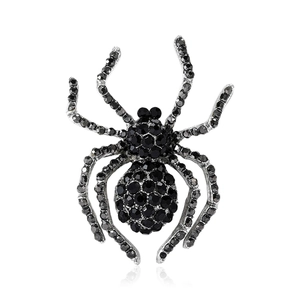 Macro shot of vintage spider brooch with black rhinestones and silver alloy base