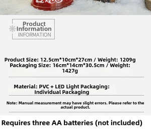 Detailed view of red PVC Christmas music box with LED lights and snow scene dimensions