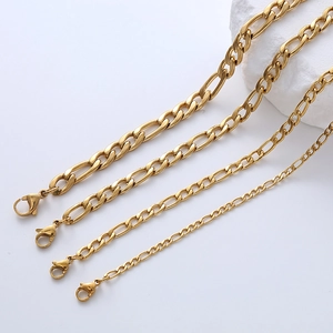 Golden stainless steel Figaro chain necklaces in four widths with lobster clasps