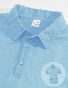 Close-up of light blue polo shirt collar showing 100% polyester fabric texture and M label