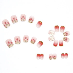 Pink and green gradient press-on nails with 3D white bow and tulip flower designs