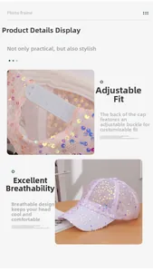 Detailed view of pink sequin baseball cap with adjustable snapback and breathable mesh fabric