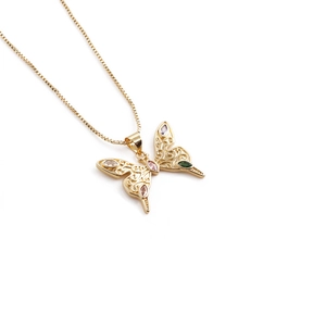 Hollow butterfly pendant necklace with pink and green zircons on a gold box chain