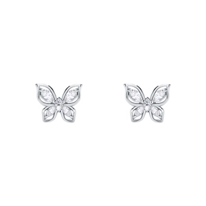 Elegant s999 silver butterfly stud earrings with sparkling cubic zirconia on white background