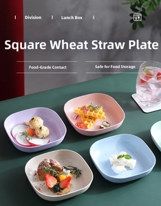 Square wheat straw plates in pastel colors showing food grade texture and natural finish