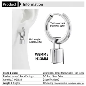 Titanium steel silver hoop earrings with a small padlock pendant in hip hop punk style