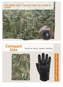 Compact camo poncho shown folded to glove size with grommet detail and mat function